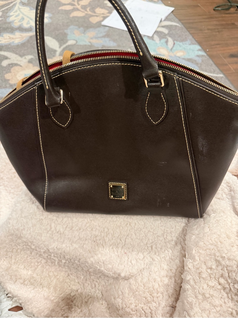 Dooney & Bourke Dark Brown Leather Dome Satchel with Gold Trim